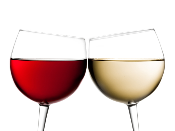 a red and white wine glass clinking together